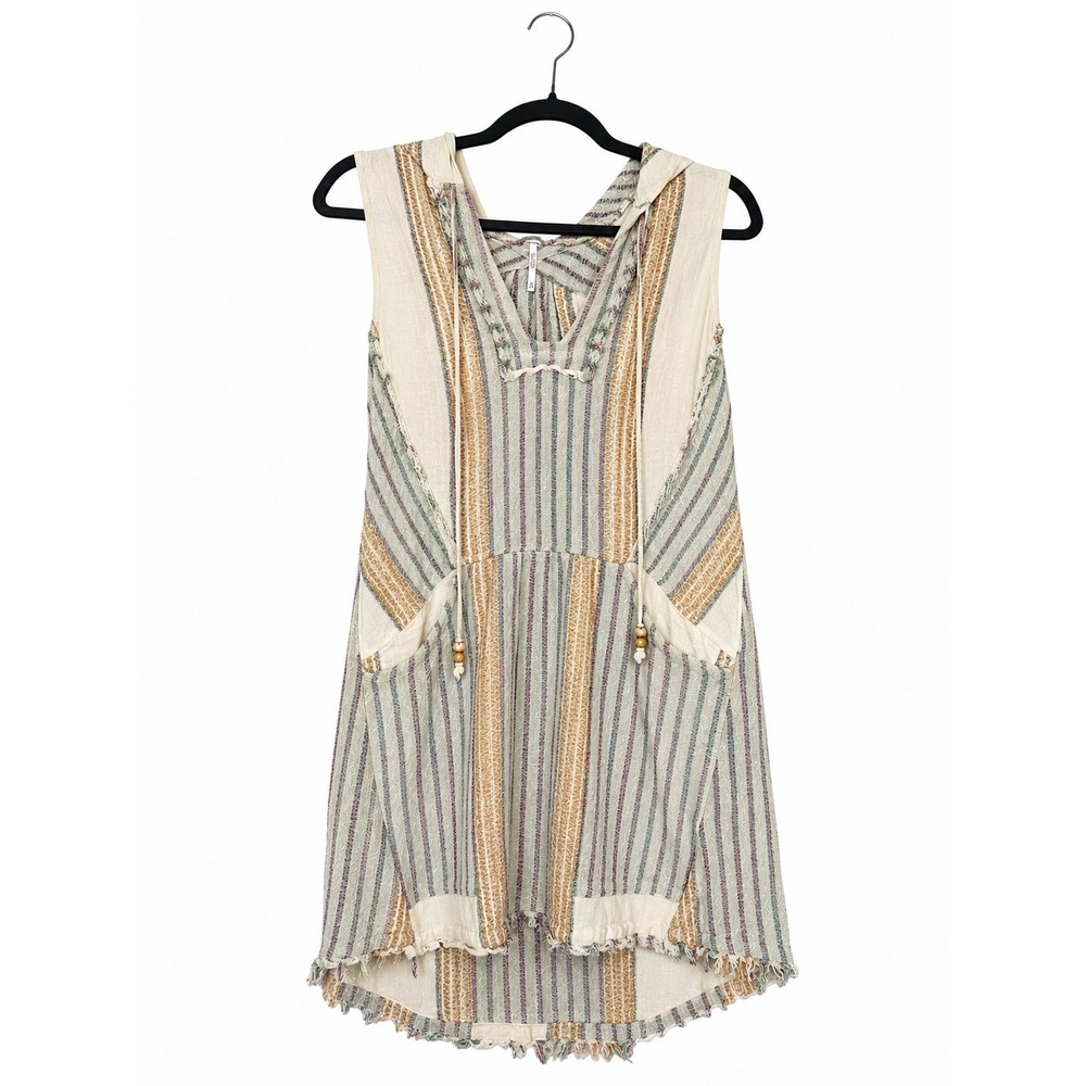Free People Sleeveless Hooded Tunic Dress Striped Boho Raw Hem Rustic Chic XS - Picture 2 of 10